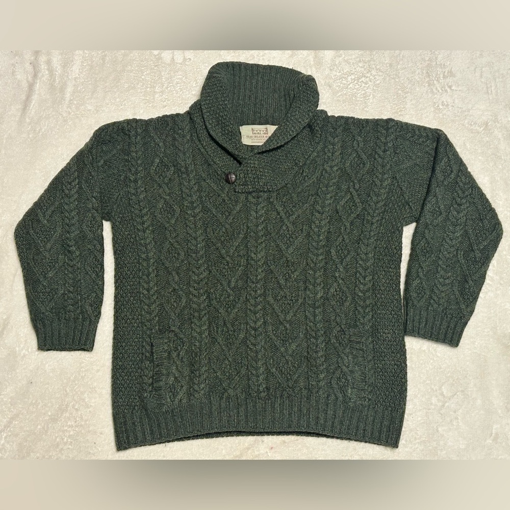 Aran Sweater Market Green 100% Irish Merino Wool Sweater Size Large